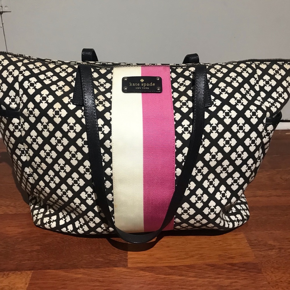 kate spade Black & White Geometric Travel Tote with Pink Stripe
